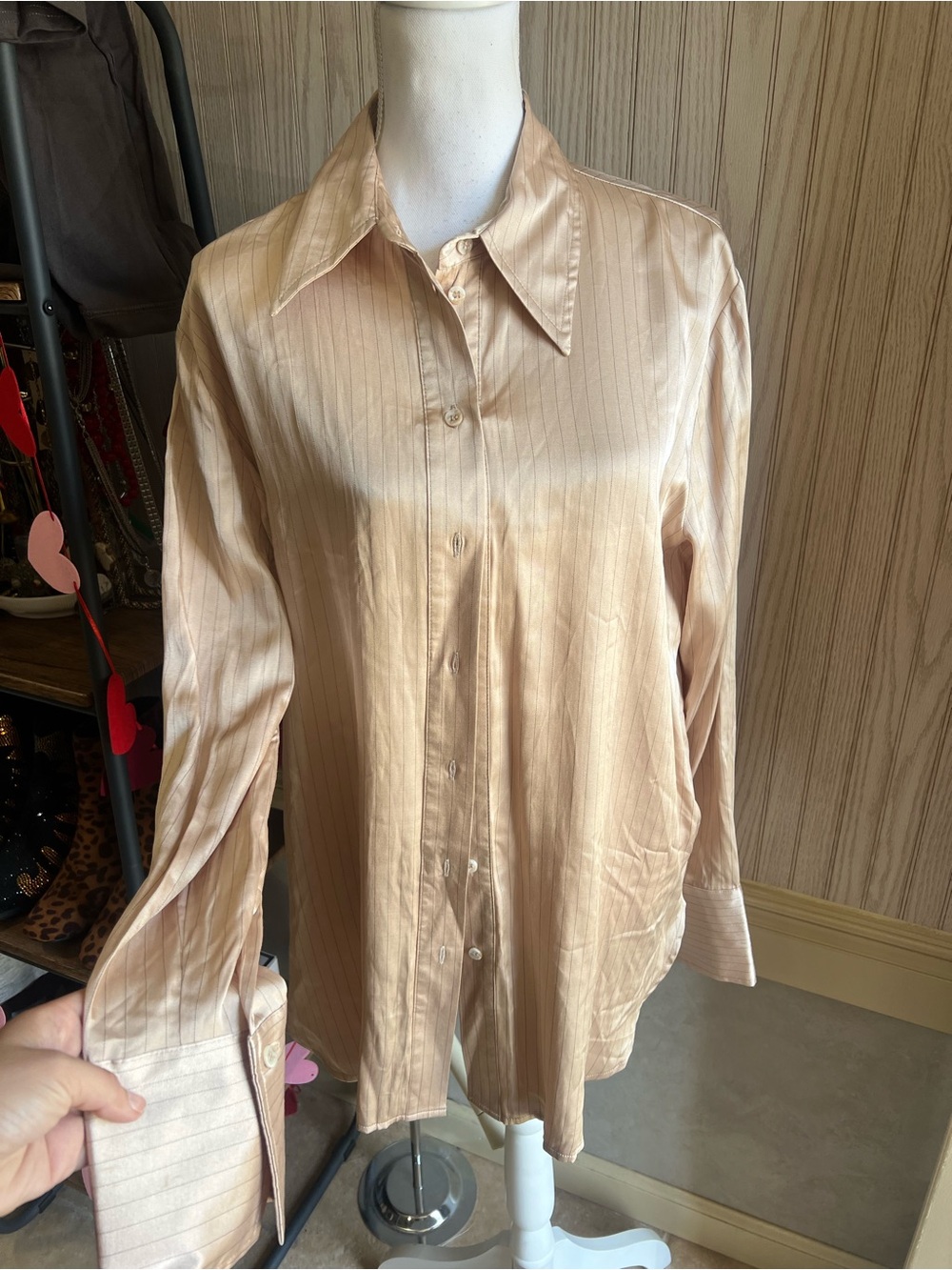 Topshop Silky Button-Down Shirt in Champagne Beige - Picture 5 of 6